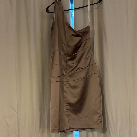 David's Bridal One-Shoulder Satin Dress champagne colored with matching sash - Picture 5 of 9